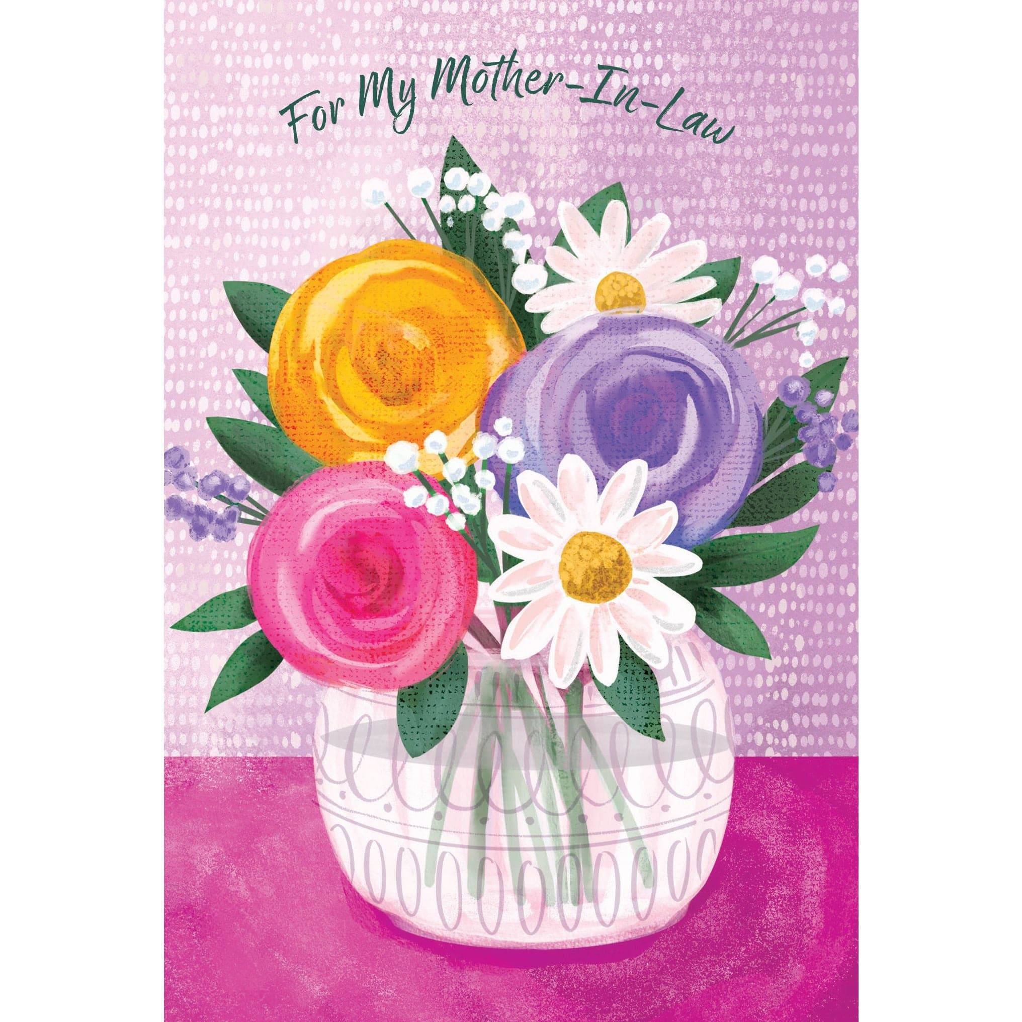 Pictura glass vase birthday card for mother-in-law featuring a colorful floral design and elegant presentation.